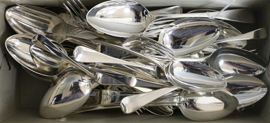 A harlequin part canteen of 18th and 19th century Old English Pattern flatware, 67.5 oz.